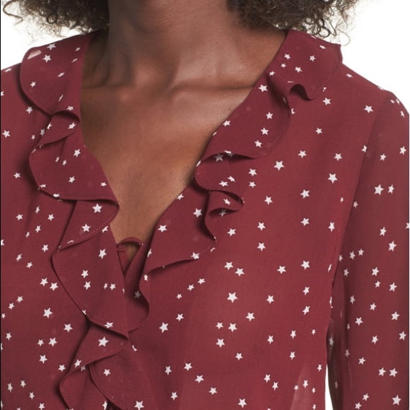 ELODIE red star print ruffle lace-up top SZ S - Picture 3 of 8